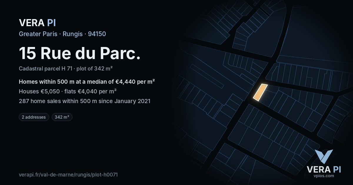 15 Rue du Parc, Rungis at night – the plot lit, the parcels around coloured by the prices near them