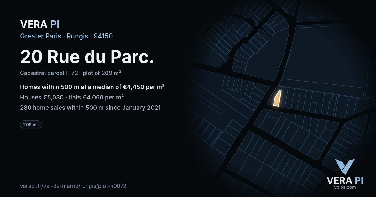 20 Rue du Parc, Rungis at night – the plot lit, the parcels around coloured by the prices near them