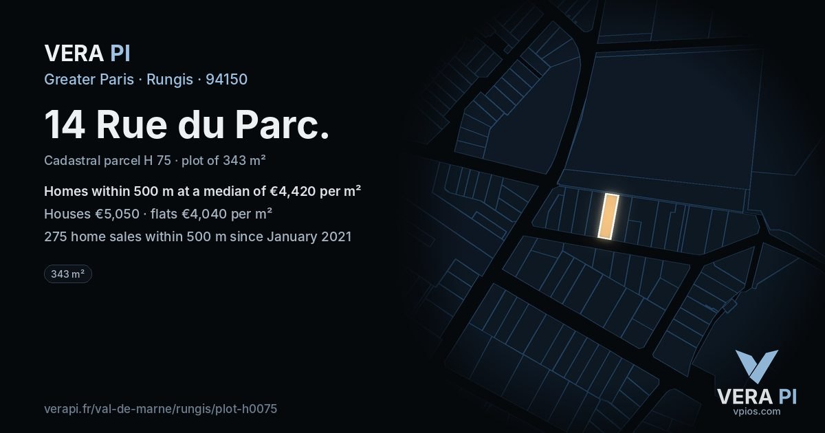 14 Rue du Parc, Rungis at night – the plot lit, the parcels around coloured by the prices near them