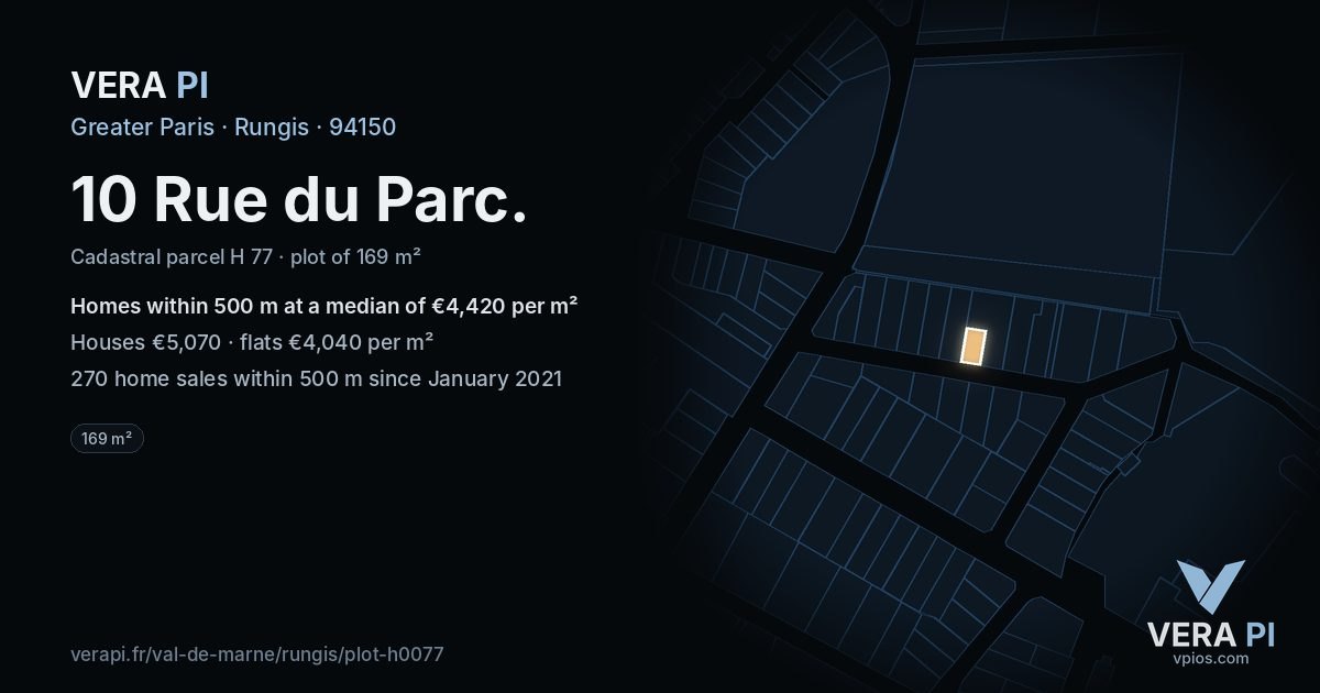 10 Rue du Parc, Rungis at night – the plot lit, the parcels around coloured by the prices near them