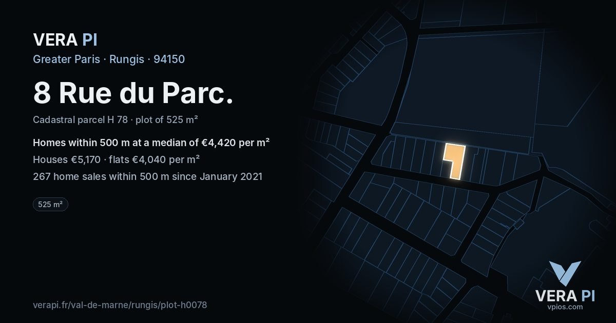 8 Rue du Parc, Rungis at night – the plot lit, the parcels around coloured by the prices near them