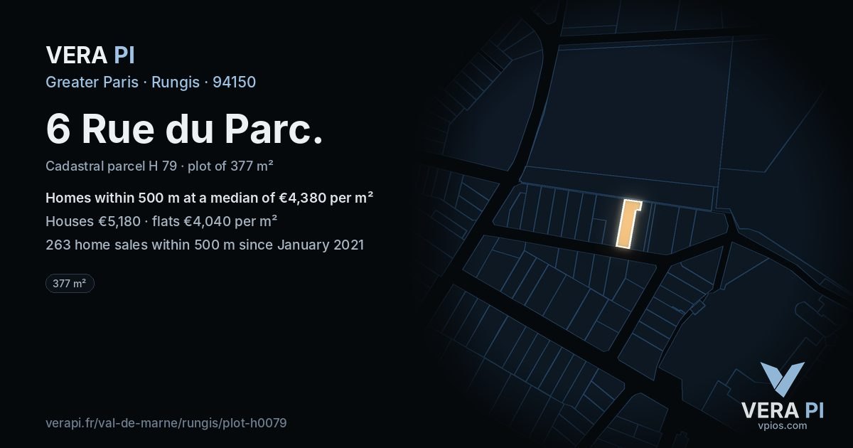 6 Rue du Parc, Rungis at night – the plot lit, the parcels around coloured by the prices near them