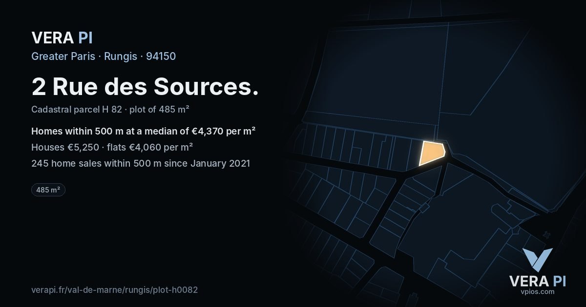 2 Rue des Sources, Rungis at night – the plot lit, the parcels around coloured by the prices near them
