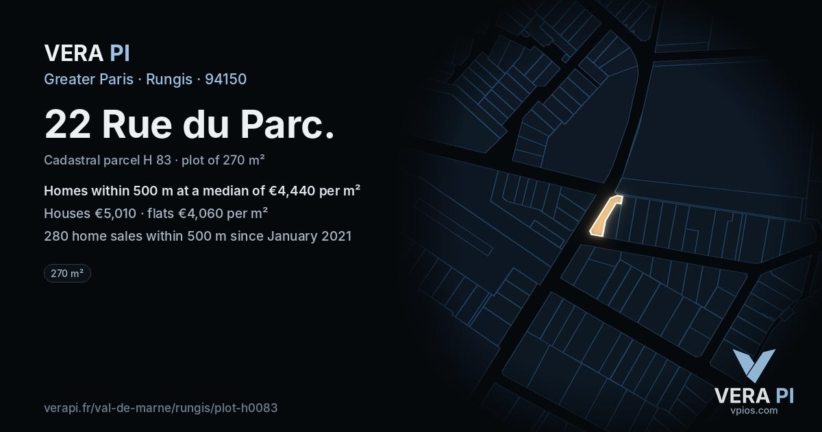 22 Rue du Parc, Rungis at night – the plot lit, the parcels around coloured by the prices near them