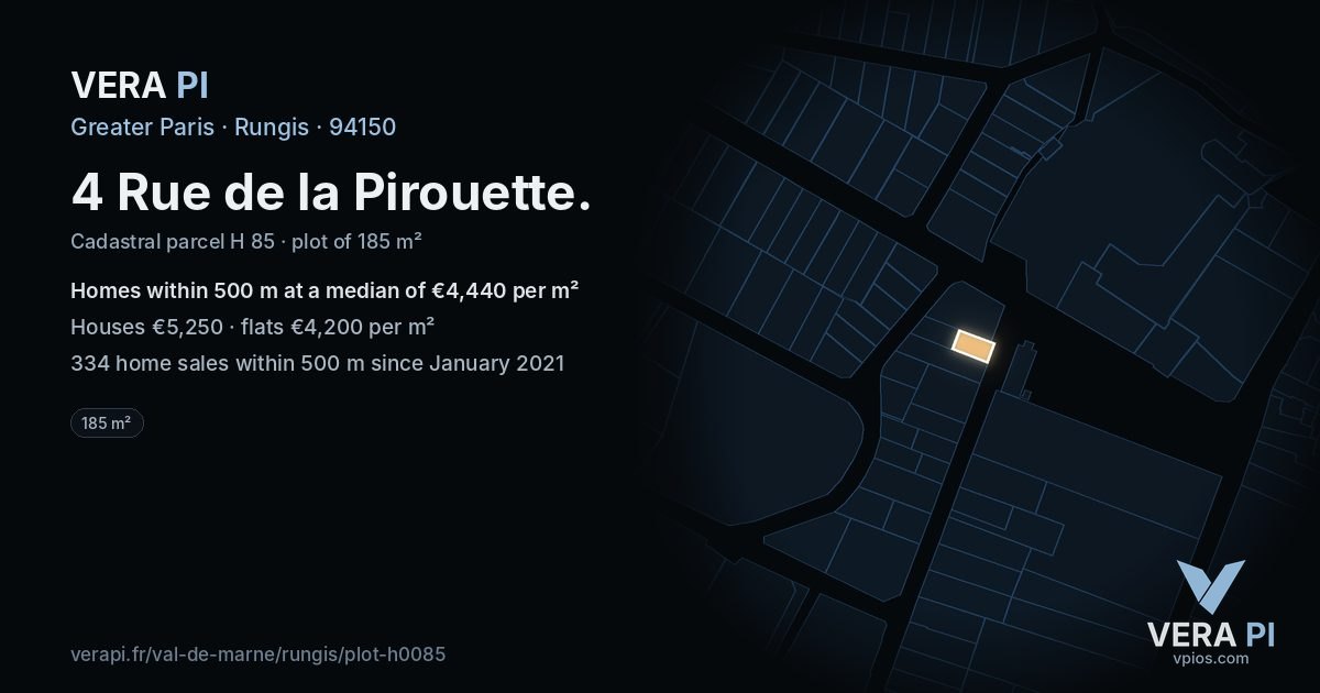 4 Rue de la Pirouette, Rungis at night – the plot lit, the parcels around coloured by the prices near them