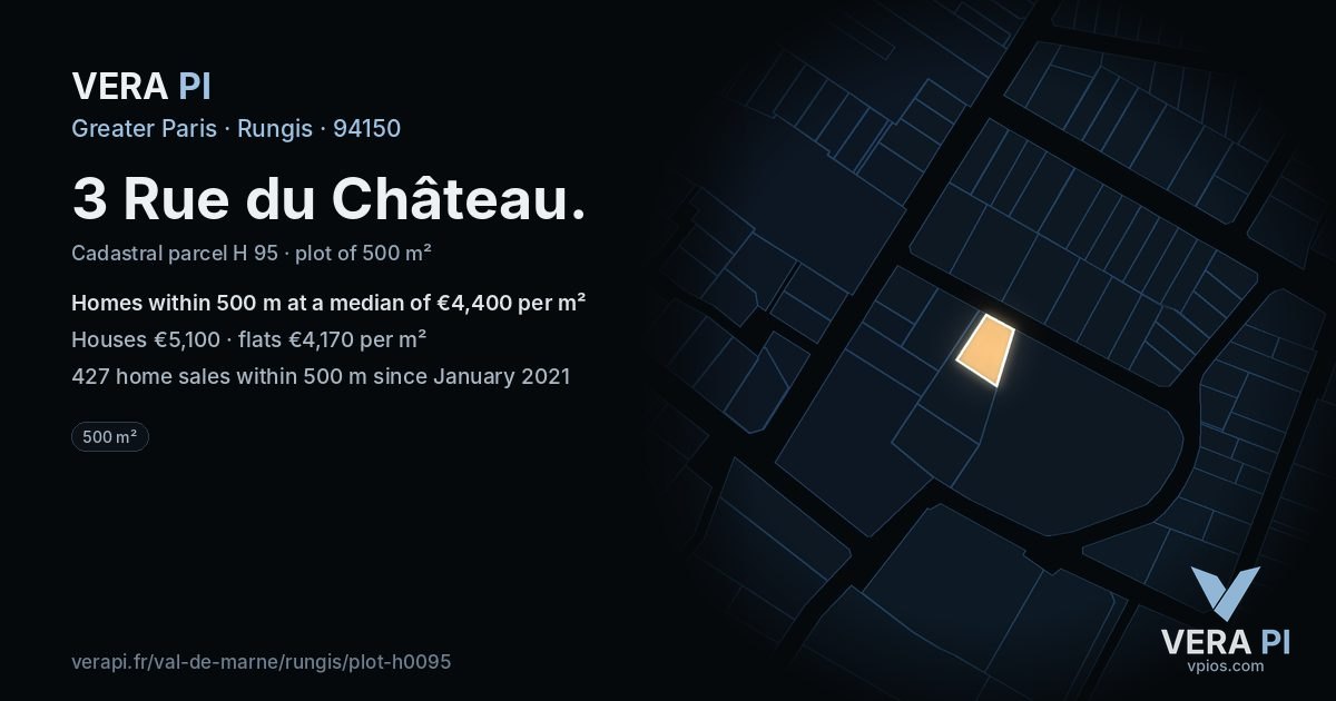 3 Rue du Château, Rungis at night – the plot lit, the parcels around coloured by the prices near them