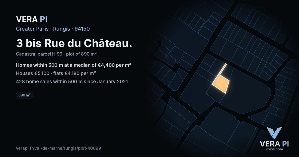 3 bis Rue du Château, Rungis at night – the plot lit, the parcels around coloured by the prices near them