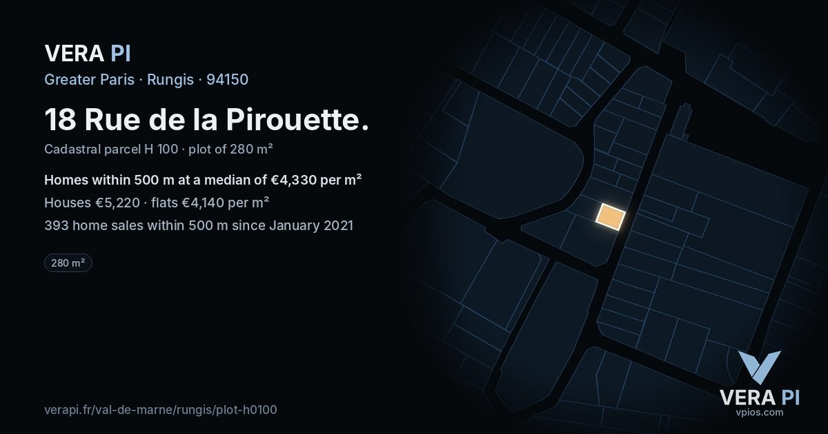 18 Rue de la Pirouette, Rungis at night – the plot lit, the parcels around coloured by the prices near them