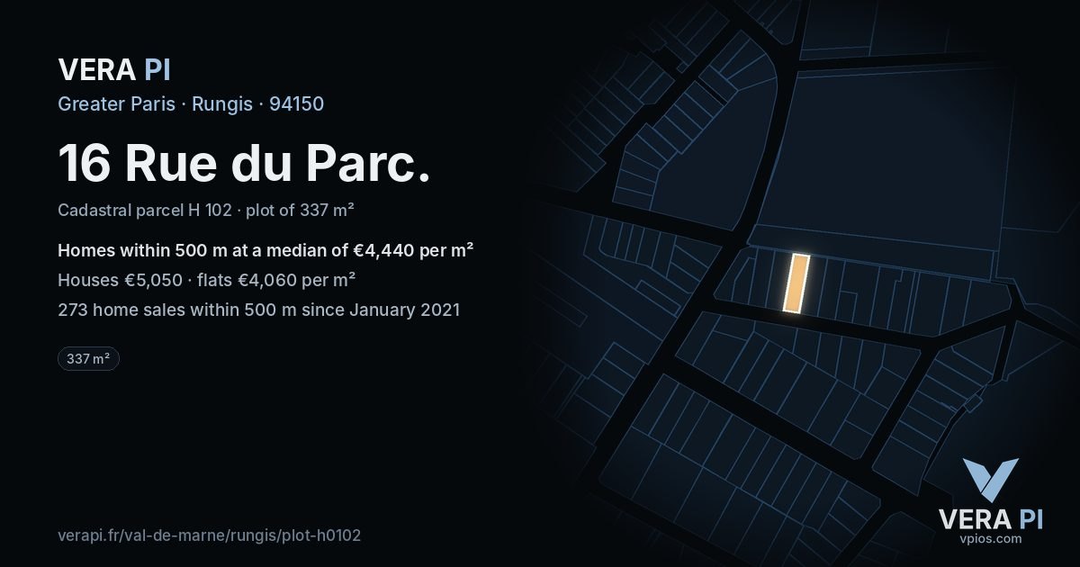 16 Rue du Parc, Rungis at night – the plot lit, the parcels around coloured by the prices near them