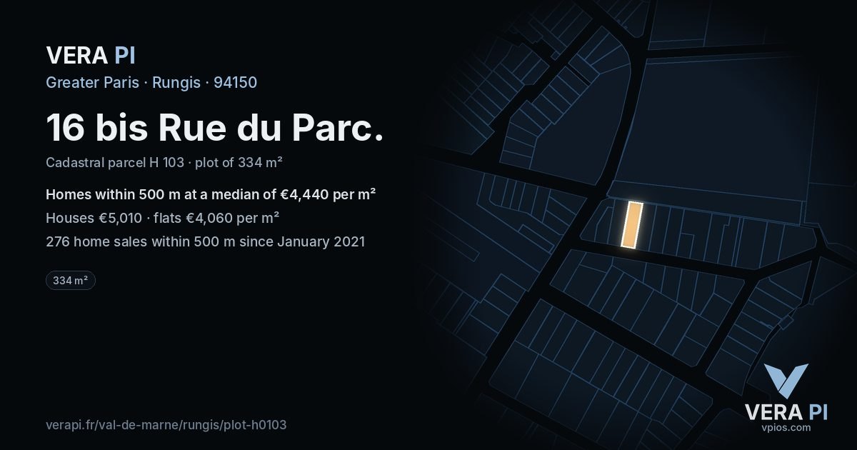 16 bis Rue du Parc, Rungis at night – the plot lit, the parcels around coloured by the prices near them