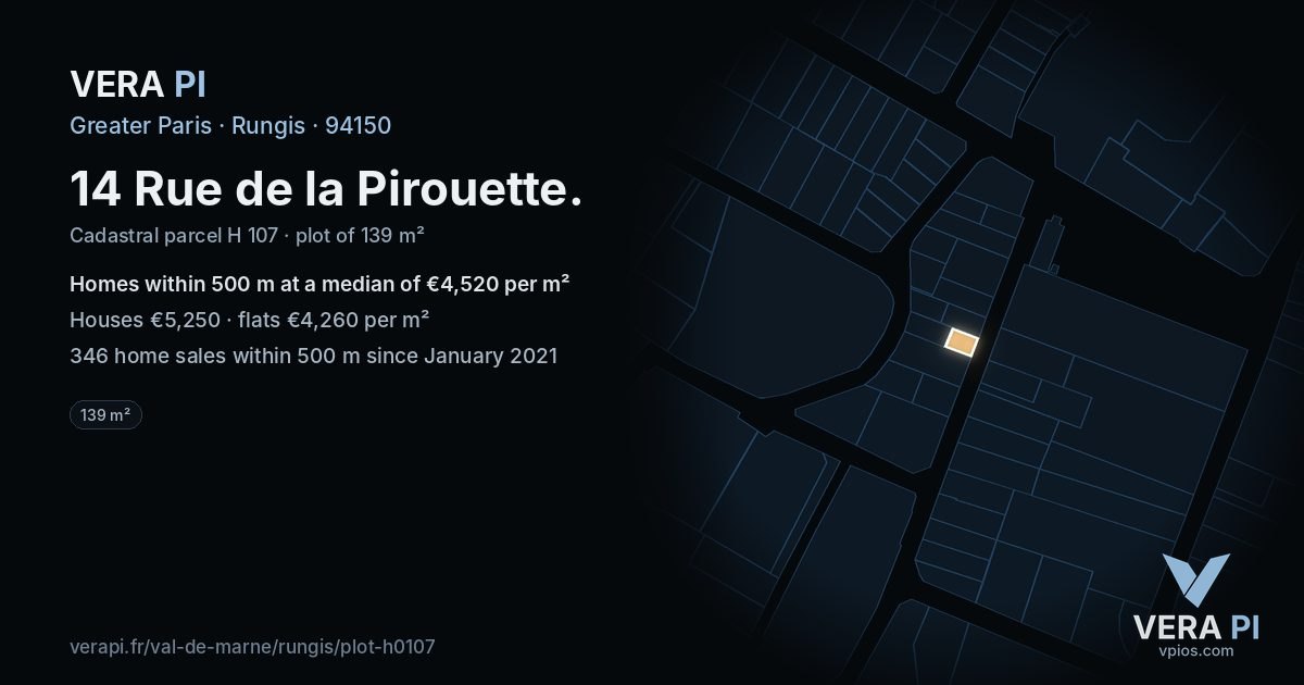 14 Rue de la Pirouette, Rungis at night – the plot lit, the parcels around coloured by the prices near them
