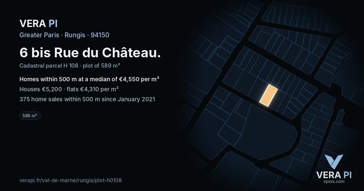 6 bis Rue du Château, Rungis at night – the plot lit, the parcels around coloured by the prices near them