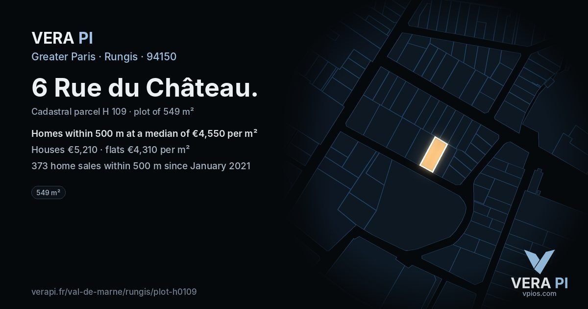 6 Rue du Château, Rungis at night – the plot lit, the parcels around coloured by the prices near them