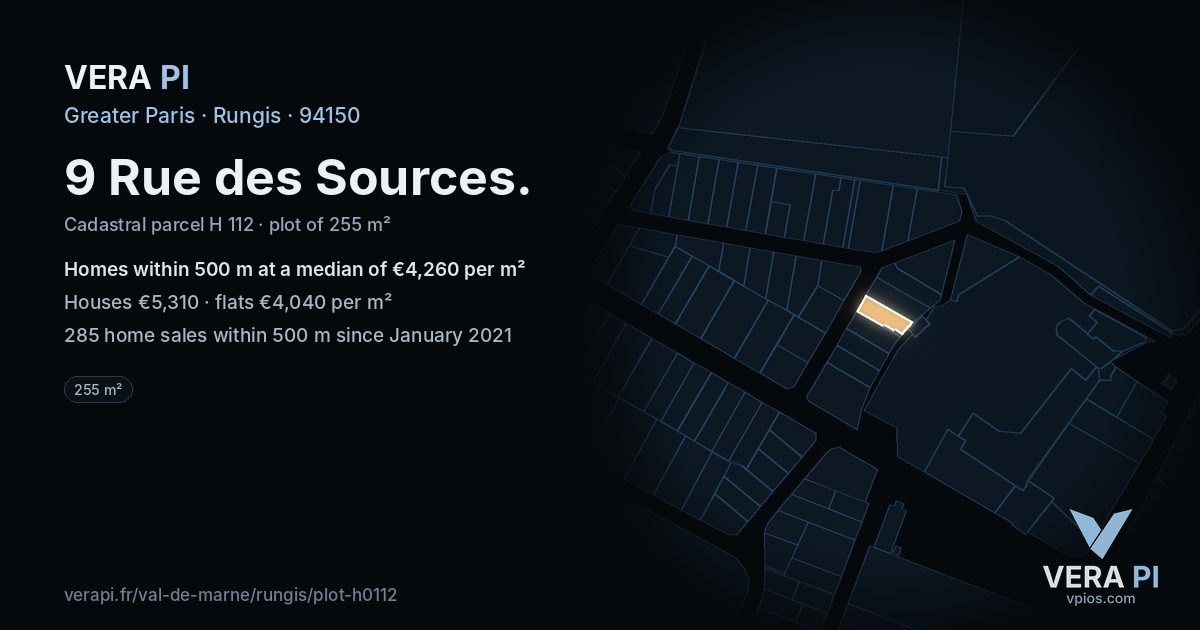 9 Rue des Sources, Rungis at night – the plot lit, the parcels around coloured by the prices near them