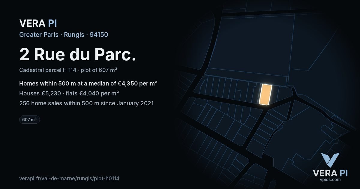 2 Rue du Parc, Rungis at night – the plot lit, the parcels around coloured by the prices near them