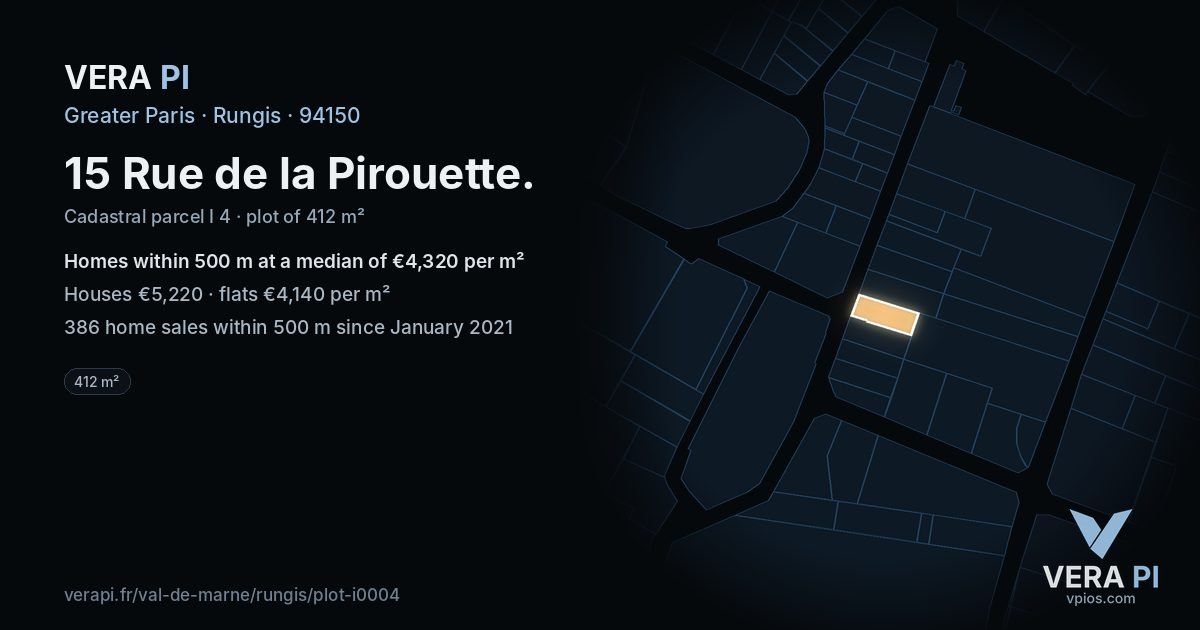 15 Rue de la Pirouette, Rungis at night – the plot lit, the parcels around coloured by the prices near them