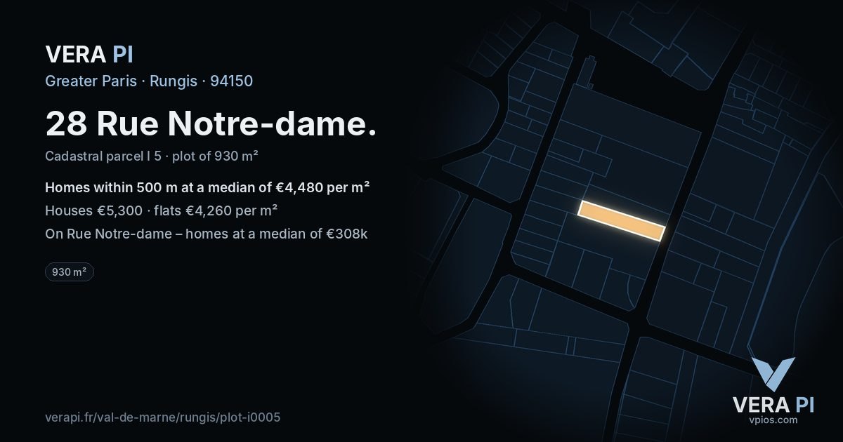 28 Rue Notre-dame, Rungis at night – the plot lit, the parcels around coloured by the prices near them