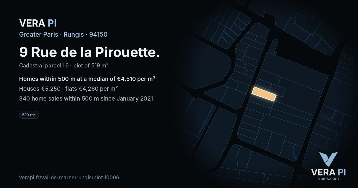 9 Rue de la Pirouette, Rungis at night – the plot lit, the parcels around coloured by the prices near them