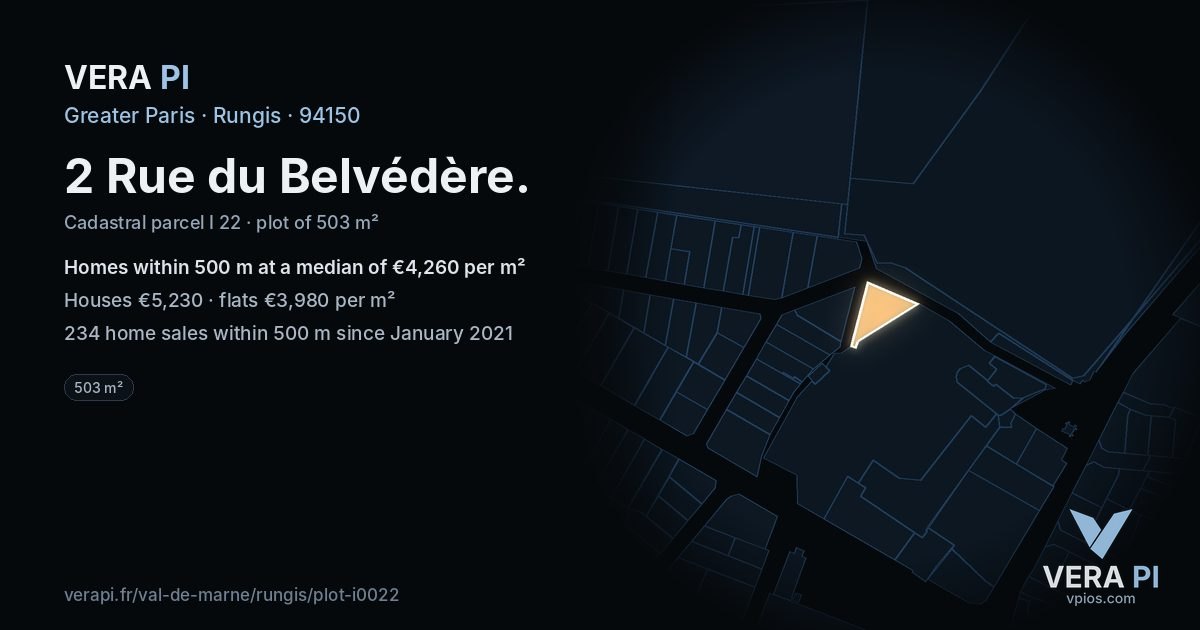 2 Rue du Belvédère, Rungis at night – the plot lit, the parcels around coloured by the prices near them