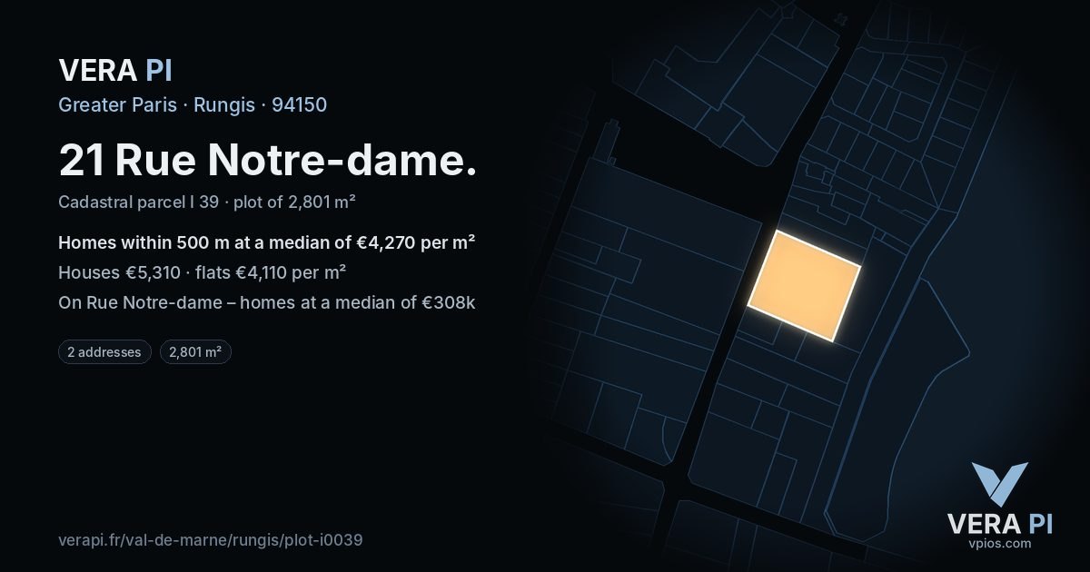 21 Rue Notre-dame, Rungis at night – the plot lit, the parcels around coloured by the prices near them