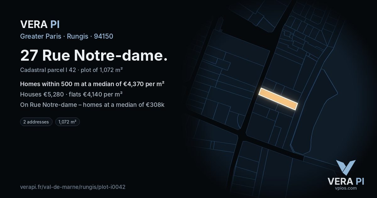 27 Rue Notre-dame, Rungis at night – the plot lit, the parcels around coloured by the prices near them