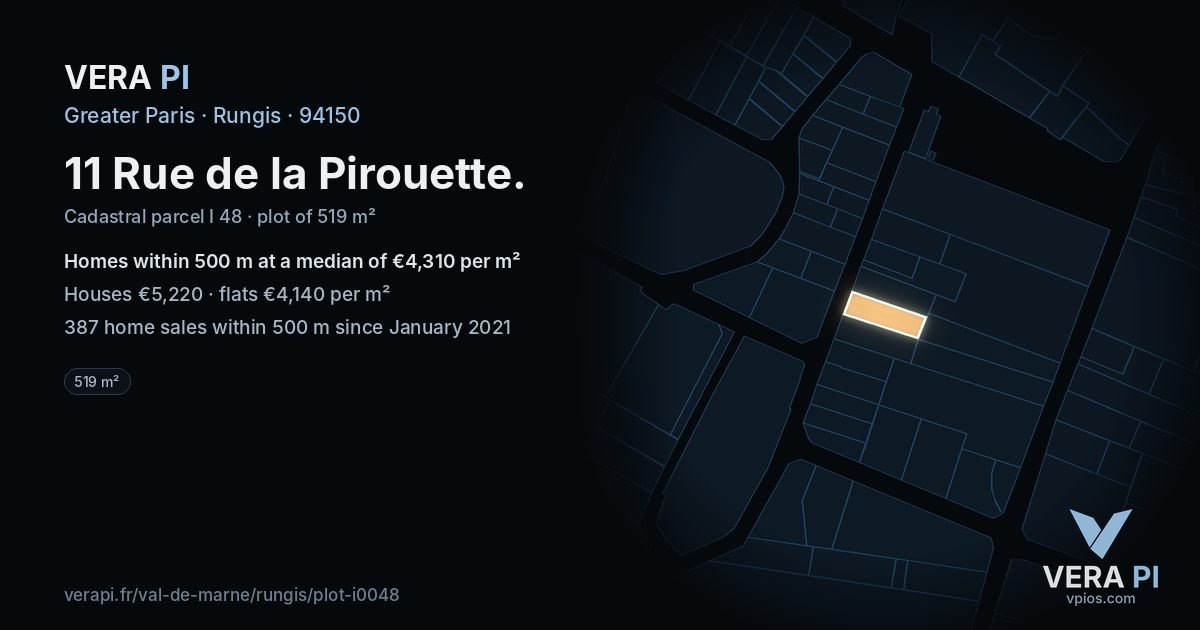 11 Rue de la Pirouette, Rungis at night – the plot lit, the parcels around coloured by the prices near them