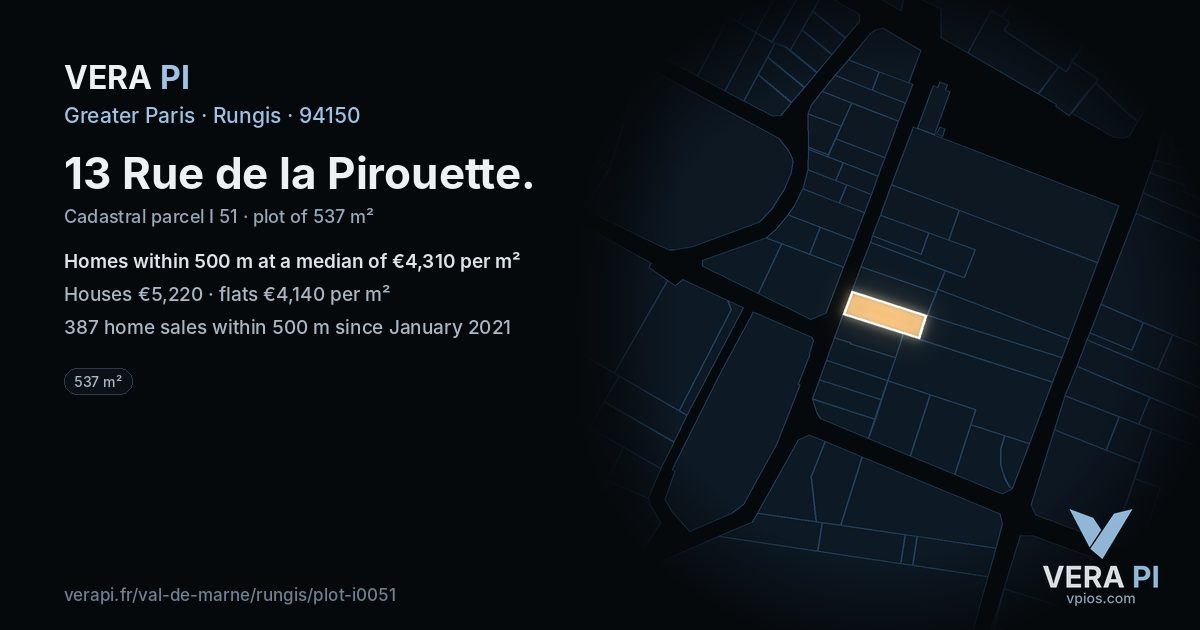 13 Rue de la Pirouette, Rungis at night – the plot lit, the parcels around coloured by the prices near them