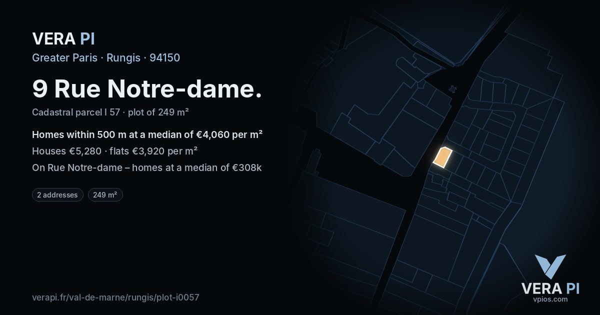 9 Rue Notre-dame, Rungis at night – the plot lit, the parcels around coloured by the prices near them