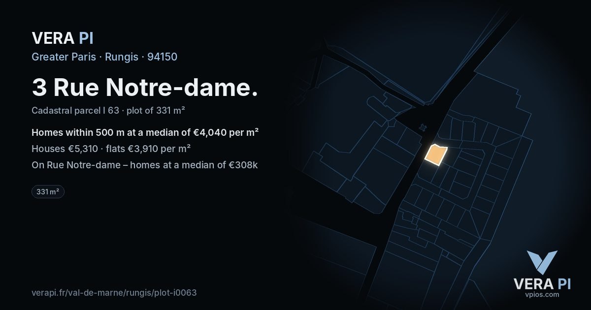 3 Rue Notre-dame, Rungis at night – the plot lit, the parcels around coloured by the prices near them