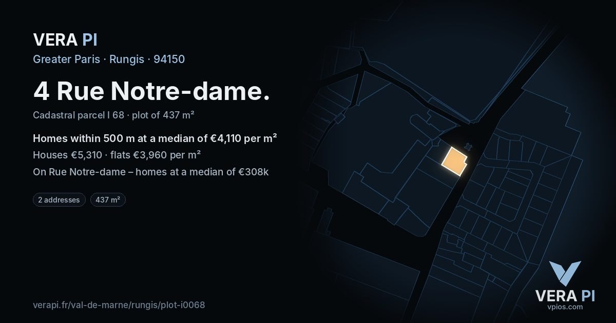 4 Rue Notre-dame, Rungis at night – the plot lit, the parcels around coloured by the prices near them