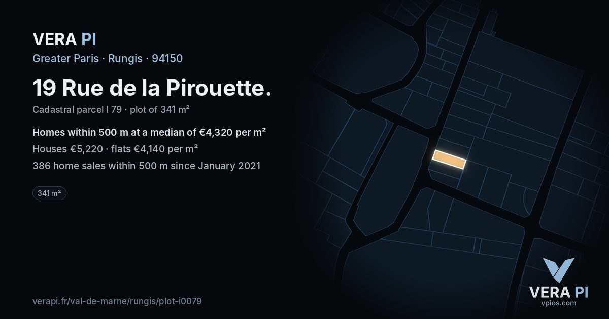19 Rue de la Pirouette, Rungis at night – the plot lit, the parcels around coloured by the prices near them