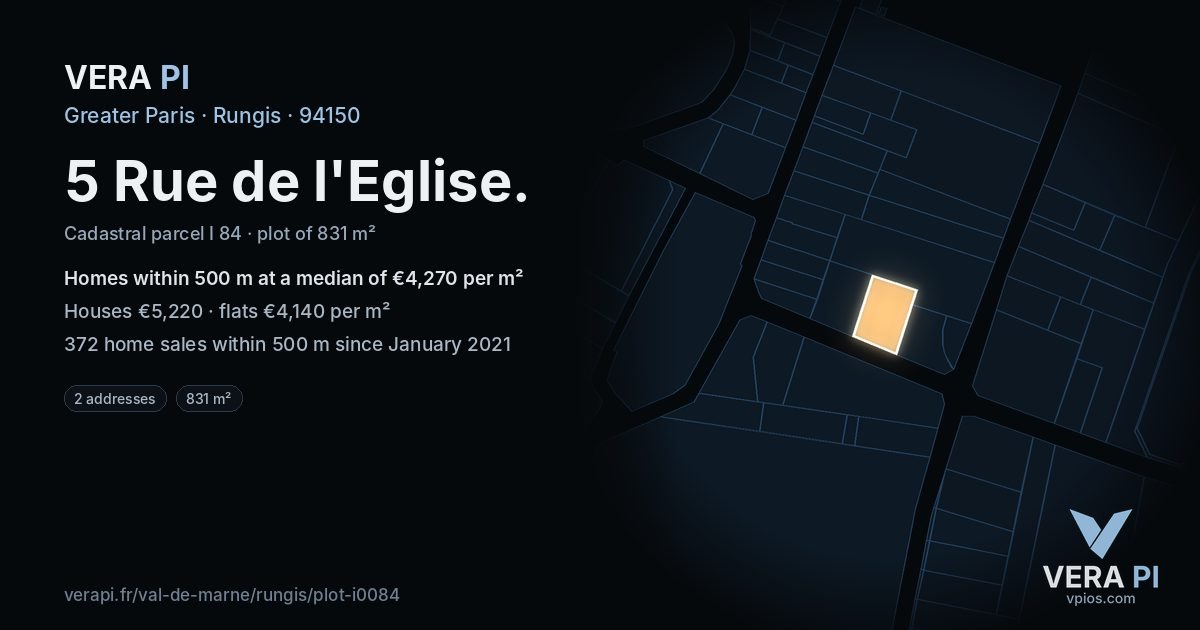 5 Rue de l'Eglise, Rungis at night – the plot lit, the parcels around coloured by the prices near them