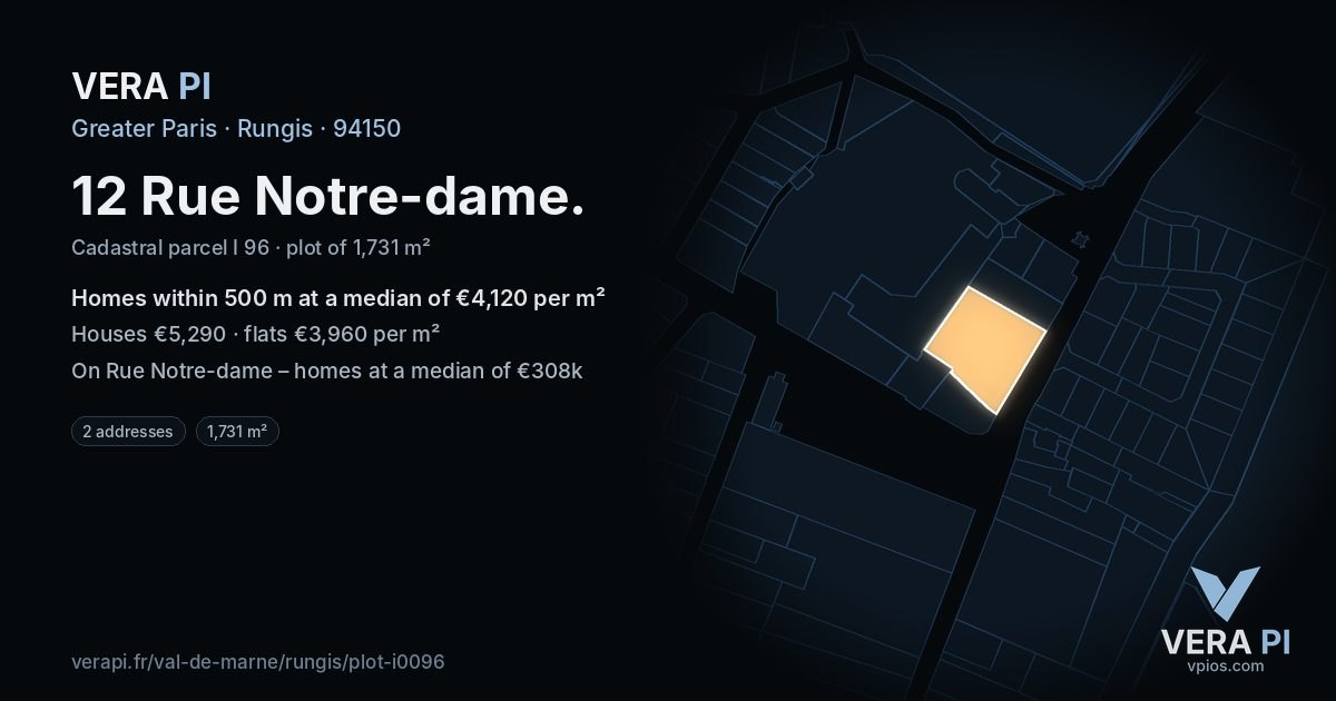 12 Rue Notre-dame, Rungis at night – the plot lit, the parcels around coloured by the prices near them