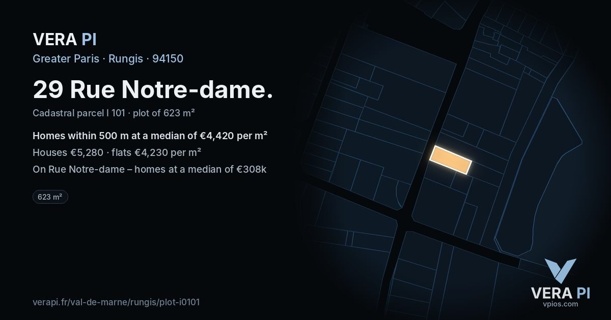 29 Rue Notre-dame, Rungis at night – the plot lit, the parcels around coloured by the prices near them