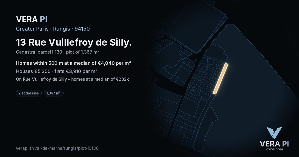 13 Rue Vuillefroy de Silly, Rungis at night – the plot lit, the parcels around coloured by the prices near them