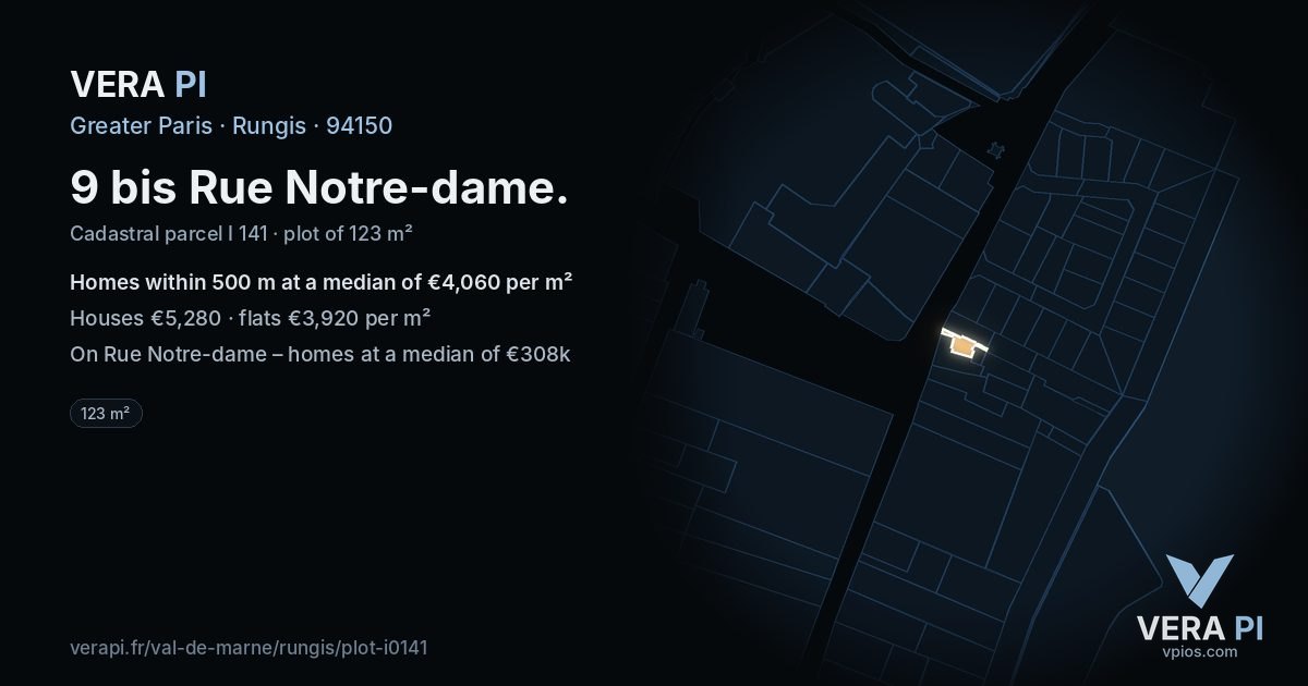 9 bis Rue Notre-dame, Rungis at night – the plot lit, the parcels around coloured by the prices near them