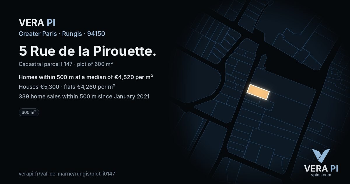 5 Rue de la Pirouette, Rungis at night – the plot lit, the parcels around coloured by the prices near them