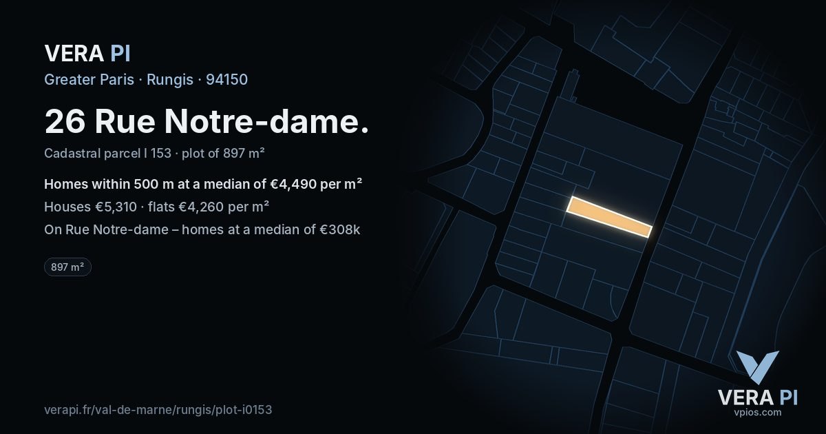 26 Rue Notre-dame, Rungis at night – the plot lit, the parcels around coloured by the prices near them