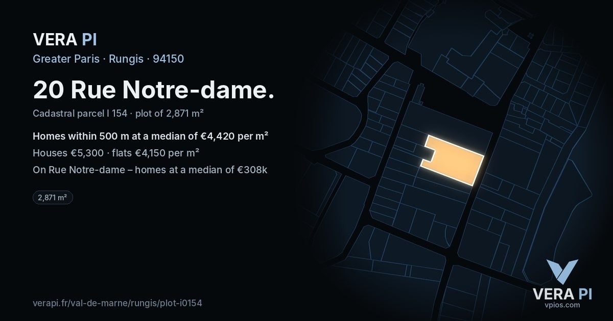 20 Rue Notre-dame, Rungis at night – the plot lit, the parcels around coloured by the prices near them