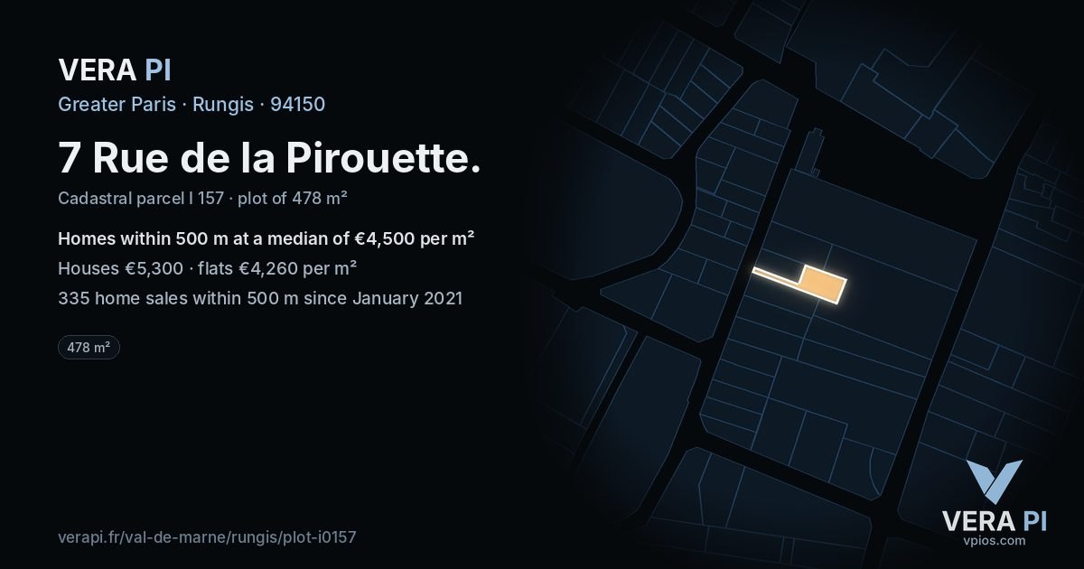 7 Rue de la Pirouette, Rungis at night – the plot lit, the parcels around coloured by the prices near them