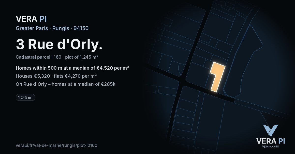 3 Rue d'Orly, Rungis at night – the plot lit, the parcels around coloured by the prices near them