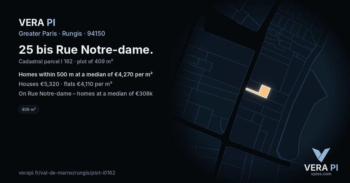25 bis Rue Notre-dame, Rungis at night – the plot lit, the parcels around coloured by the prices near them