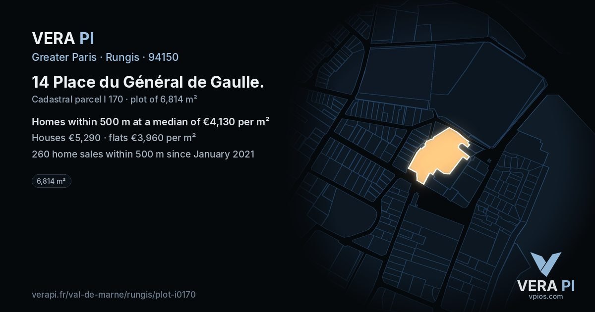 14 Place du Général de Gaulle, Rungis at night – the plot lit, the parcels around coloured by the prices near them