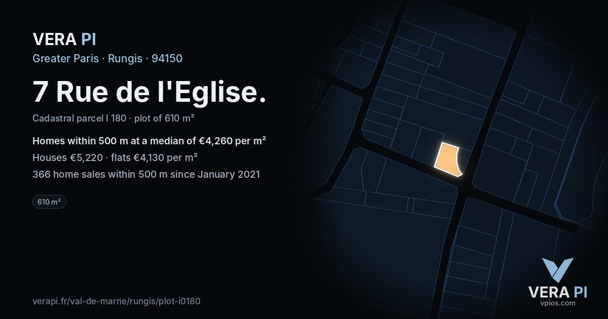 7 Rue de l'Eglise, Rungis at night – the plot lit, the parcels around coloured by the prices near them
