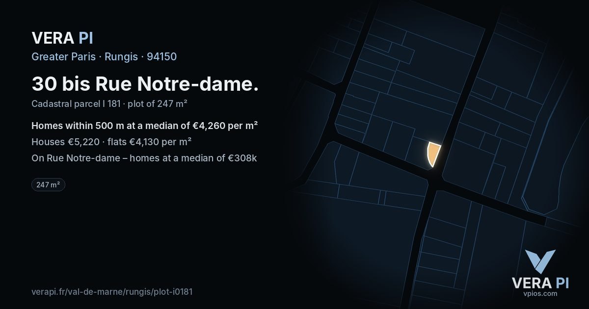 30 bis Rue Notre-dame, Rungis at night – the plot lit, the parcels around coloured by the prices near them