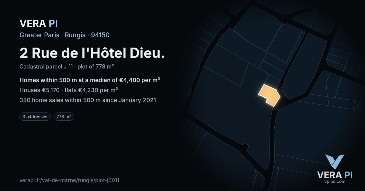 2 Rue de l'Hôtel Dieu, Rungis at night – the plot lit, the parcels around coloured by the prices near them