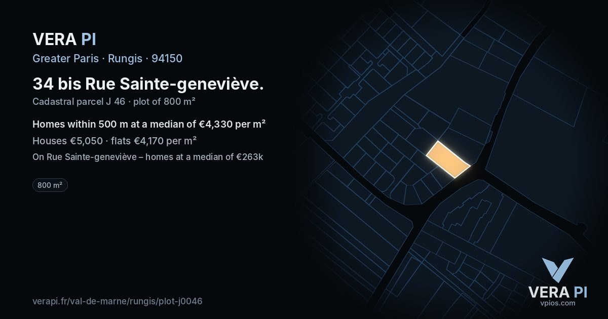 34 bis Rue Sainte-geneviève, Rungis at night – the plot lit, the parcels around coloured by the prices near them