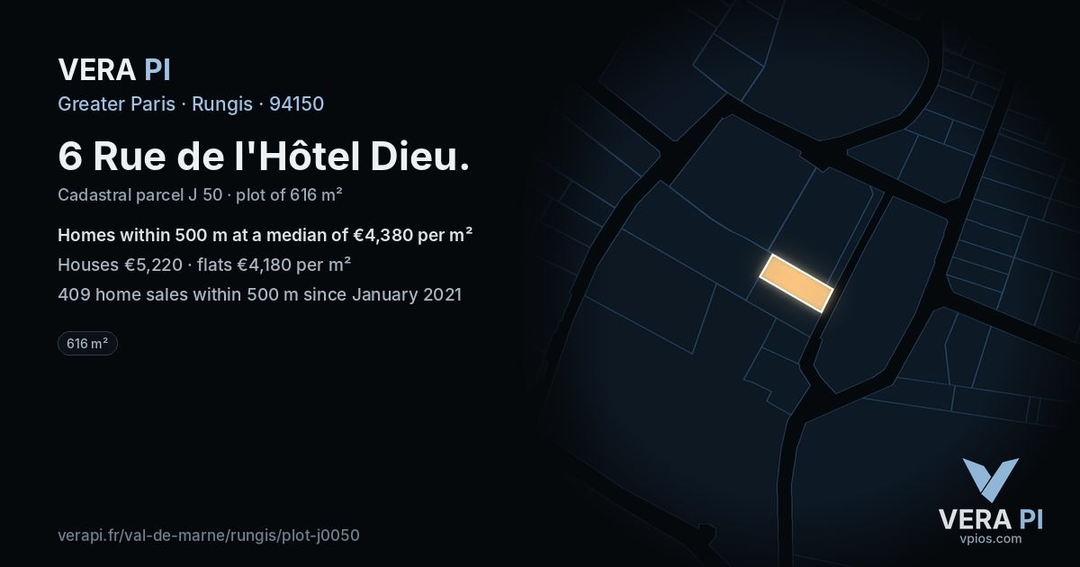 6 Rue de l'Hôtel Dieu, Rungis at night – the plot lit, the parcels around coloured by the prices near them