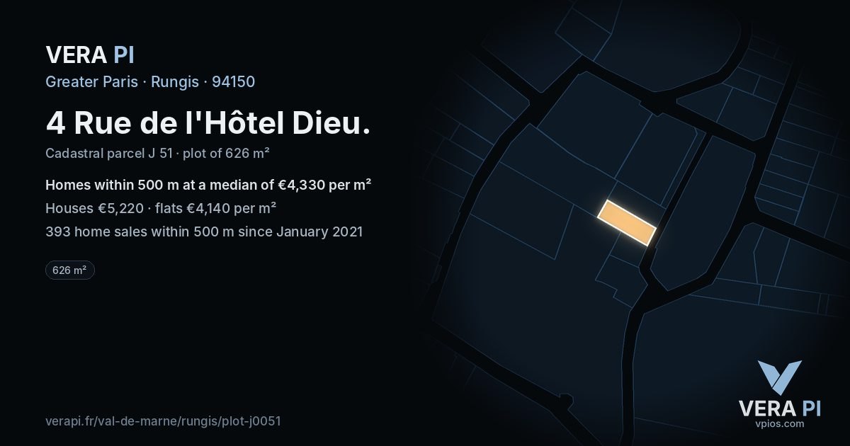 4 Rue de l'Hôtel Dieu, Rungis at night – the plot lit, the parcels around coloured by the prices near them