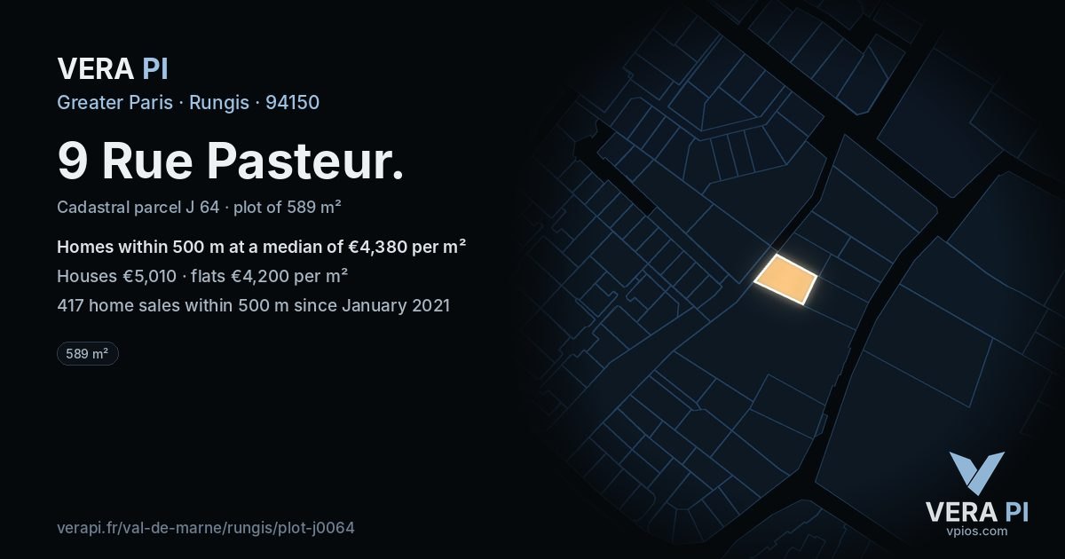 9 Rue Pasteur, Rungis at night – the plot lit, the parcels around coloured by the prices near them